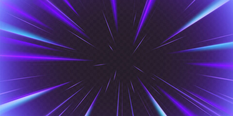 Dynamic speed ray anime background with purple and blue light bursts for action manga effects. Radial motion lines with neon glow and energy beams for dramatic transitions or superhero transformations