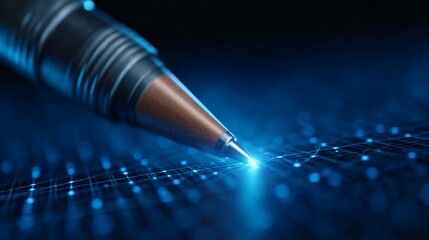 Digital Writing: A close-up shot of a pen poised over a digital interface, hinting at the fusion of traditional writing and modern technology.