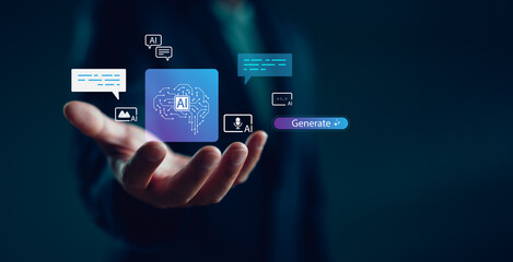 Businessman presenting AI technology icons, including chatbot, voice assistant, and image...