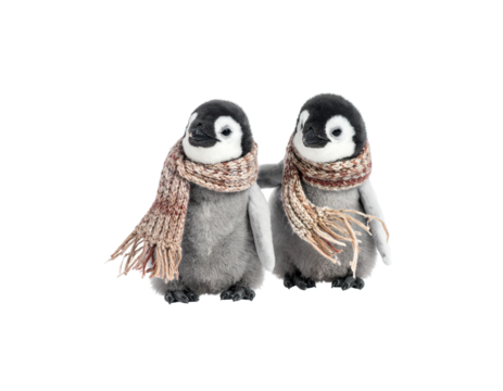 Cute penguin wearing a winter Santa hat and red scarf, isolated on white background