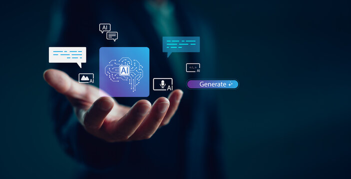 Businessman presenting AI technology icons, including chatbot, voice assistant, and image generation, symbolizing artificial intelligence, innovation and digital transformation in modern business.