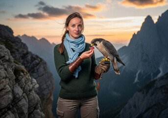 A smiling young woman in a green sweater holding a falcon on a gloved hand, with stunning mountain views at sunset in the background