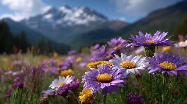 Blooming Aster Bloom: A breathtaking view showcasing vibrant, colorful aster flowers in a field with a stunning mountain range in the background, ideal for showcasing beauty.