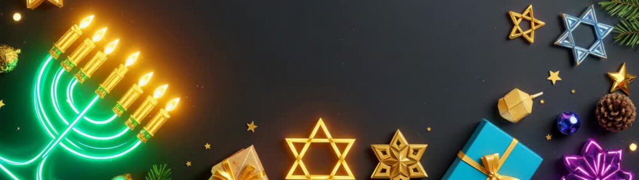 Colorful decorations for Hanukkah adorn dark surface, featuring a menorah, Stars of David, dreidels.