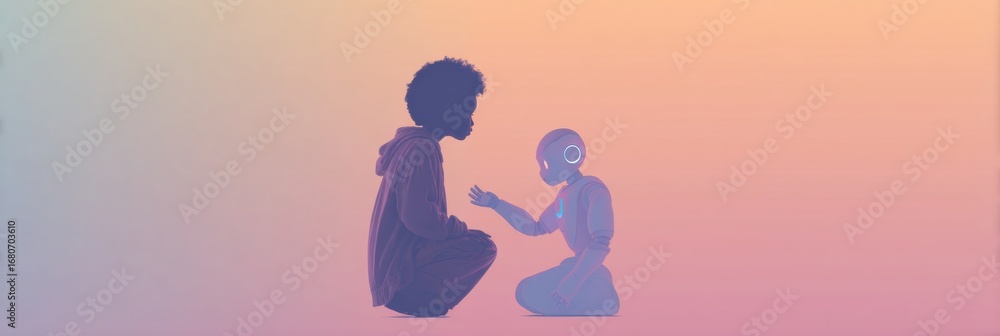 Poster child interacts with humanoid robot against a warm gradient background in a futuristic setting