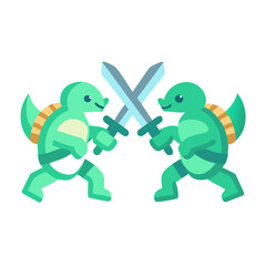 Obraz premium Two turtles are fighting with swords in cartoon style