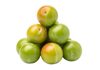 Obraz premium A pyramid-shaped cluster of vibrant green and yellow plums, set against a striking black background.