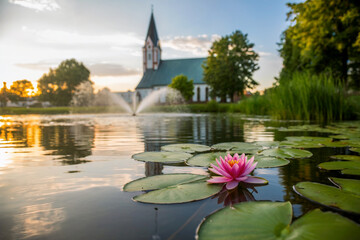 Pink water lily floats on pond with church and fountain in background pink flower lake