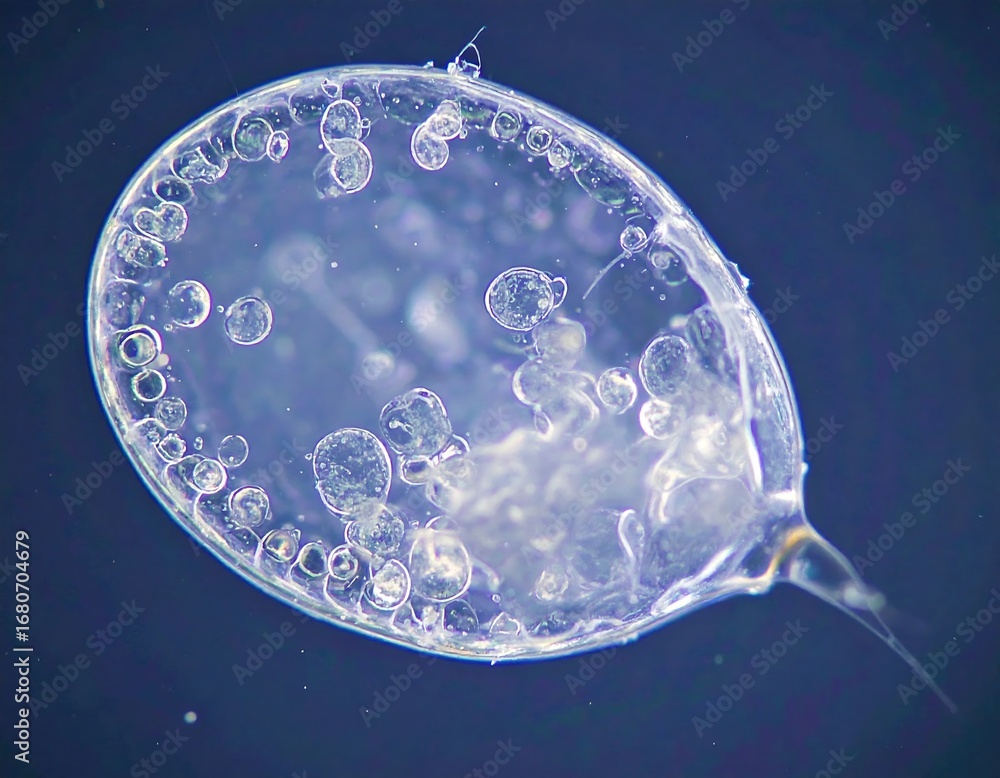 Poster detailed microscopic view of a translucent, oval-shaped organism filled with tiny bubbles, showcasin