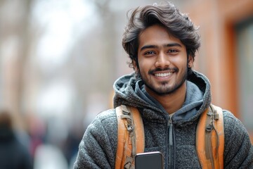 Close-up photo of a young beautiful successful female lawyer in a suit and glasses smiling at the camera and standing outside, showcasing professionalism and success in the legal field, Generative AI