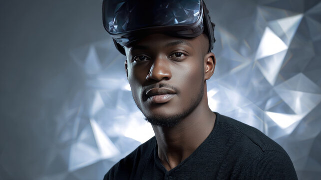 Cheerful young African American man in VR headset playing online game in virtual reality, driving imaginary car in neon light. Black millennial man using car simulator in cyberspace, collage