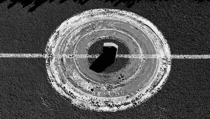 Naklejka premium Abstract graphic of a circle, concentric rings, and a dark object on a textured surface