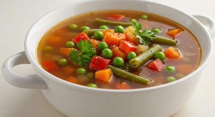 Fresh and Colorful Vegetable Soup with Peas and Carrots in a White Bowl on a Light Background