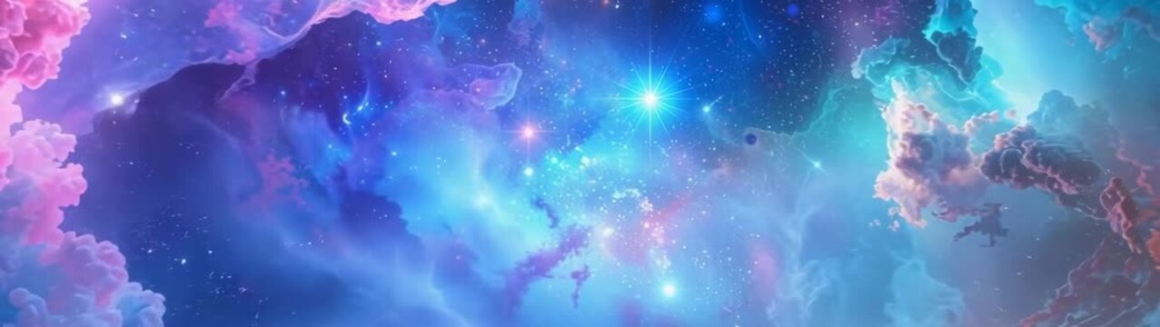 Bright purple nebula and yellow clouds creating stunning interstellar landscape.