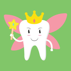 Tooth Fairy Vector Cartoon Illustration. Cute Tooth Fairy Wearing Crown and Holding a Star Magic Wand Vector Illustration. Outline Ilustration.