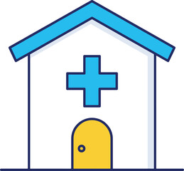 Obraz premium Simple icon of a blue and white hospital building with a yellow door and blue medical cross