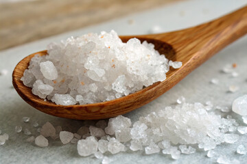 Sea Salt on Wooden Spoon.