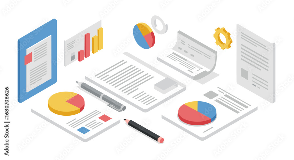 Poster isometric office documents with charts and graphs for data analysis