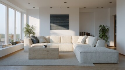 Fototapeta premium Sun-Drenched Minimalist Living Room Interior with Neutral Tones and Clean Lines