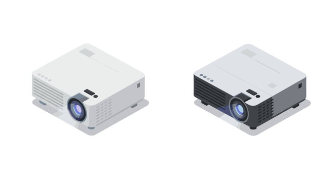 Isometric projectors on white background: modern presentation tools