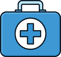 Obraz premium Blue medical first aid kit icon with white cross symbol simple flat design