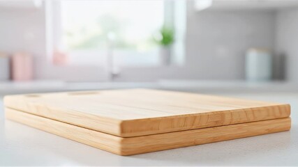 Empty wooden cutting board on a kitchen countertop with a bright, blurred background.