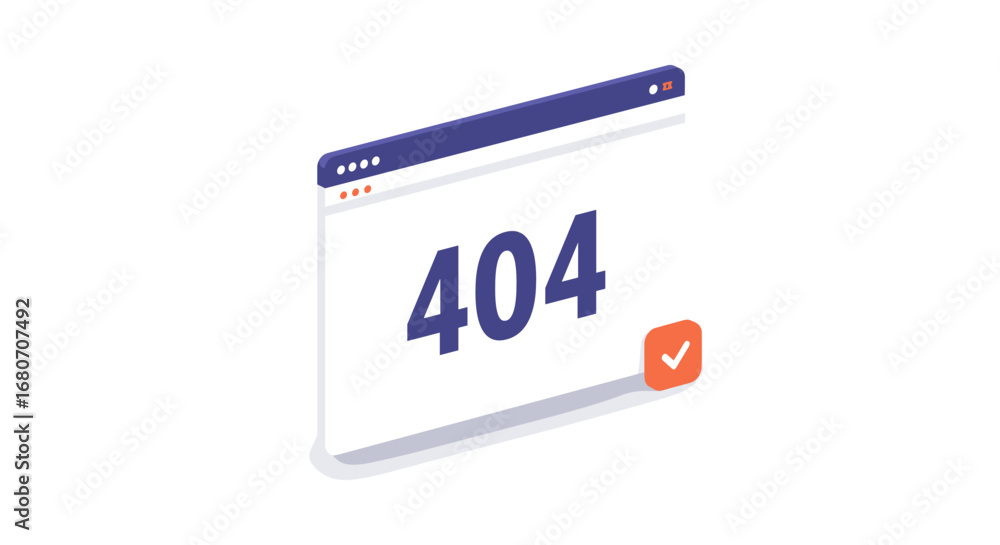 Poster isometric 404 error page with confirmation icon on white background