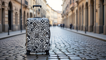 Black and White Geometric Patterned Suitcase on European Street – Stylish Urban Travel Luggage Mockup for Holiday and Business Trips
