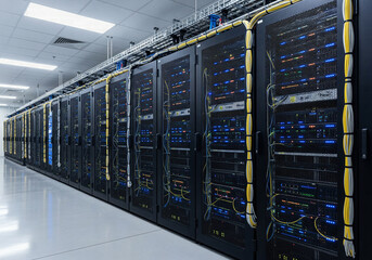 A long row of server racks with blinking lights and intricate network cables, extending down a hallway in a professional data center