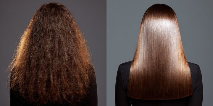 Transformative hair styling reveals striking contrast between frizzy and sleek straight hair, showcasing professional results and grooming techniques