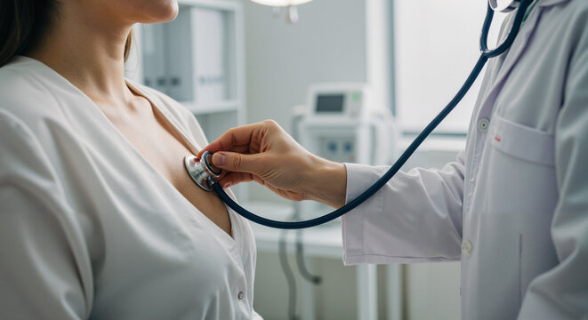 Doctor checking patient's heartbeat with stethoscope in clinic  