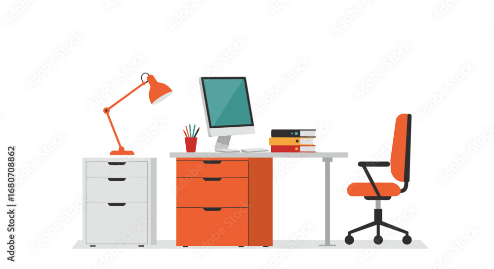 Poster modern office desk setup with computer, chair, and lamp in minimalist style