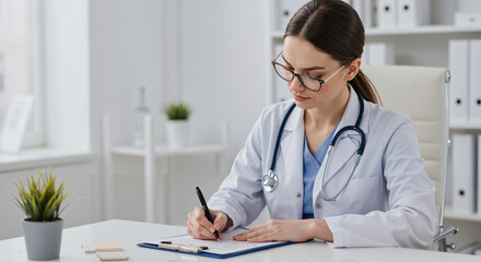 Female doctor writing notes in modern clinic office  