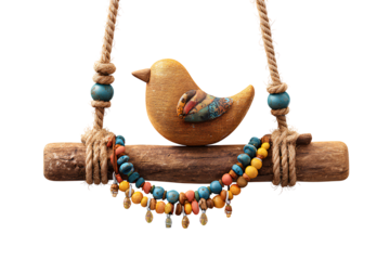 Wooden Bird Swing with Colorful Beads and Hanging Charms, Isolated on Transparent Background