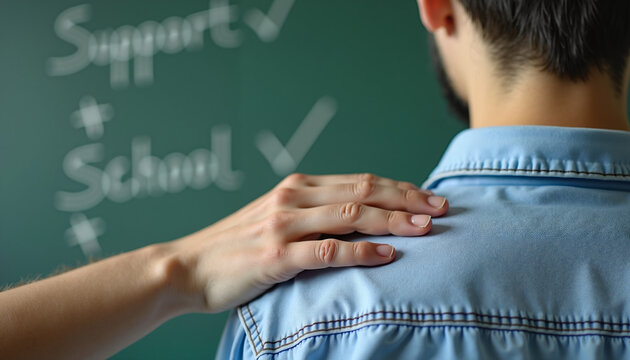 Supportive hand on shoulder of student in classroom with chalkboard - Powered by Adobe