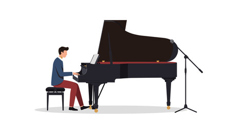 Pianist performing at grand piano in minimalist style