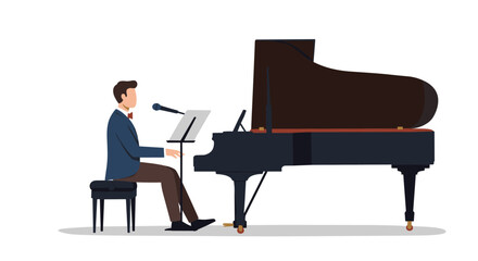 Man singing at grand piano with microphone in flat style
