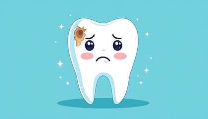 A cartoon tooth with a stained area, conveying a sense of sadness and dental care issues.