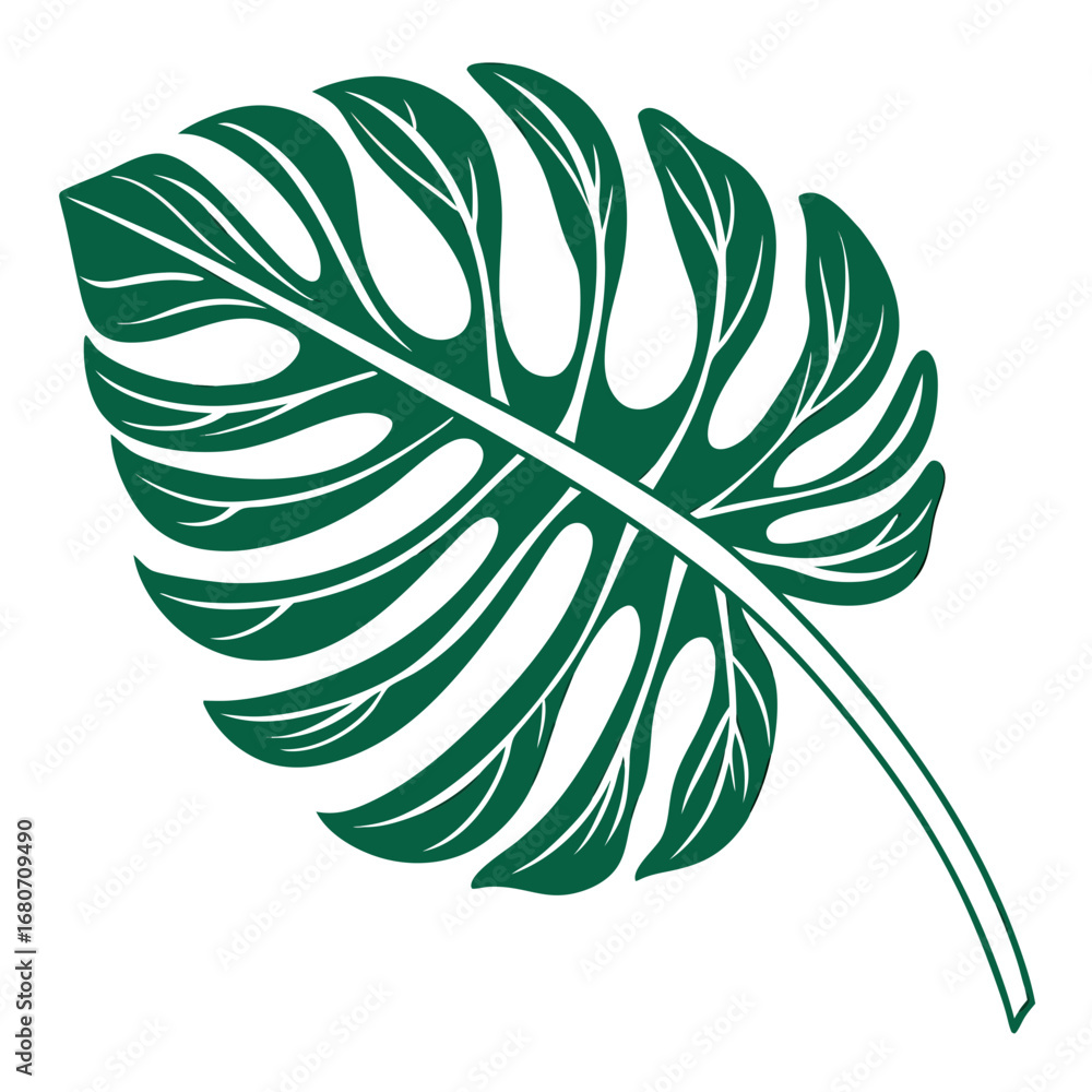 Poster illustration of a single dark green monstera leaf with distinct fenestrations and a prominent stem d