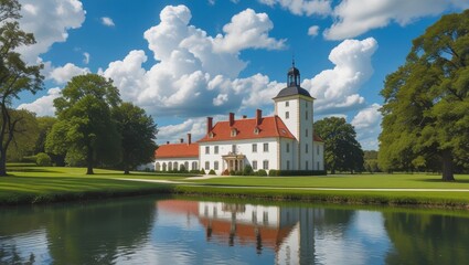 A picturesque estate house stands grandly beside a calm reflecting pool, bathed in sunlight under a vibrant sky filled with fluffy clouds.