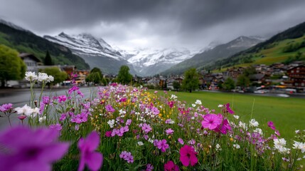 Alpine village scene with vibrant wildflowers in foreground, snow-capped mountains under a stormy sky