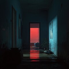 A dimly lit hallway with a vibrant red sunset view through a doorway