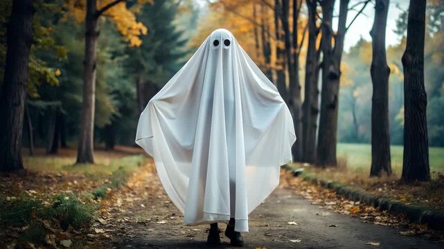 Ghost in Halloween costume creates ghostly, scary scene filled with spirit and horror. Character outdoor in park in fall