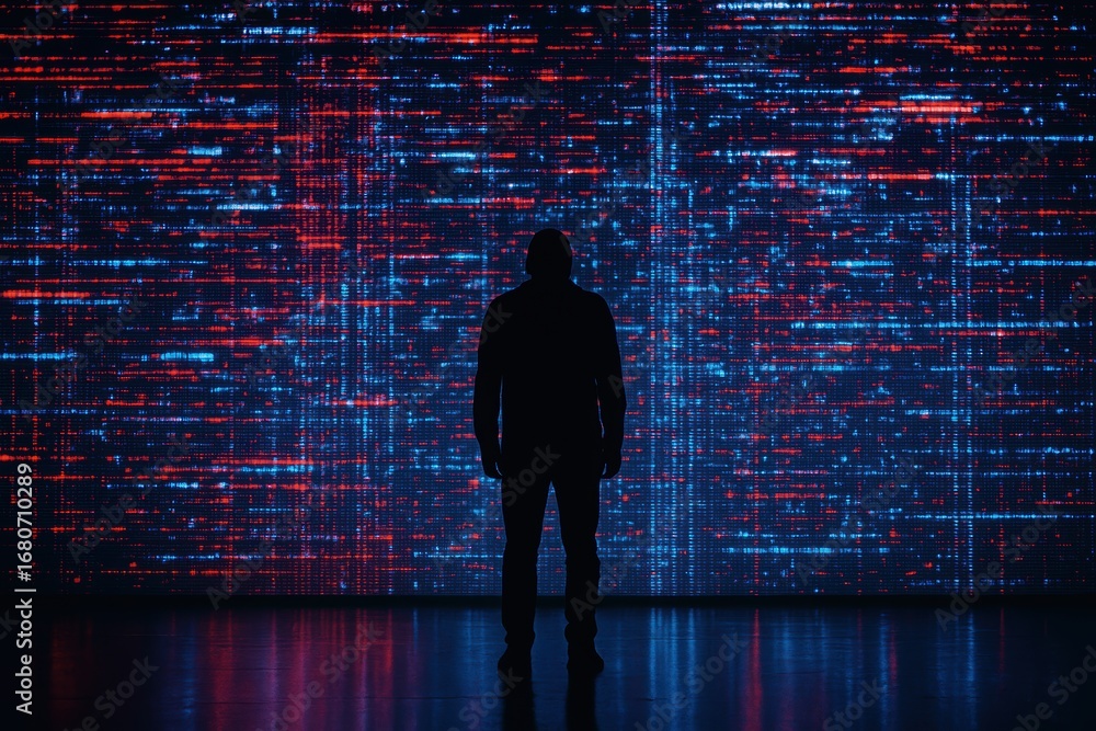 Aufkleber silhouette in data stream: a lone figure stands before a dynamic data stream, awash in a neon glow o