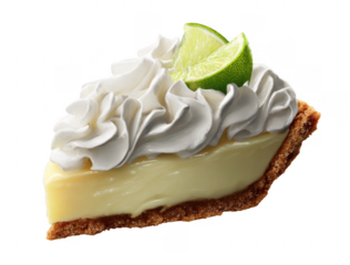 Close-up of a slice of creamy key lime pie topped with whipped cream and lime wedges