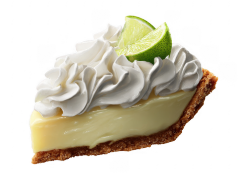 Close-up of a slice of creamy key lime pie topped with whipped cream and lime wedges