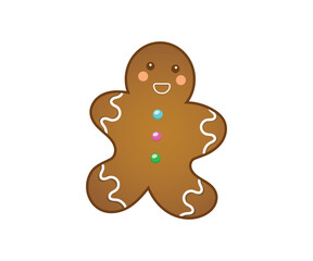Cute cartoon gingerbread man illustration with festive icing and candy decorations, a sweet Christmas holiday treat isolated on a white background