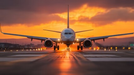 Naklejka premium Airplane Taking Off at Sunset