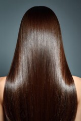 Smooth and shiny long brown hair with a sleek appearance against a dark background