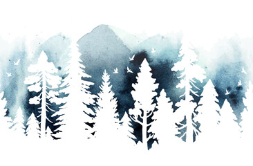 Coniferous watercolor horizontal vector seamless border pattern. White silhouette of fir trees on watercolor background. Winter illustration with trees, mountains, birds. Banner, print, page fill, web